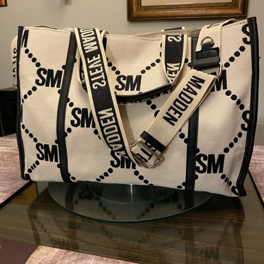 Steve Madden Black and Cream Canvas Messenger Bag